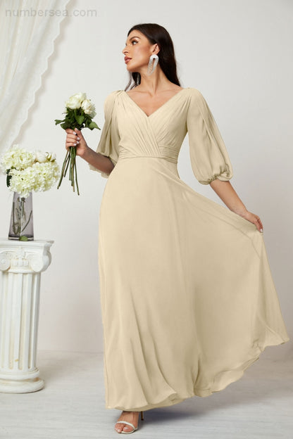 Numbersea Formal Prom Gown Women V-Neck Chiffon Bridesmaid Dresses Long Bishop Sleeve Party Dress 2807-numbersea