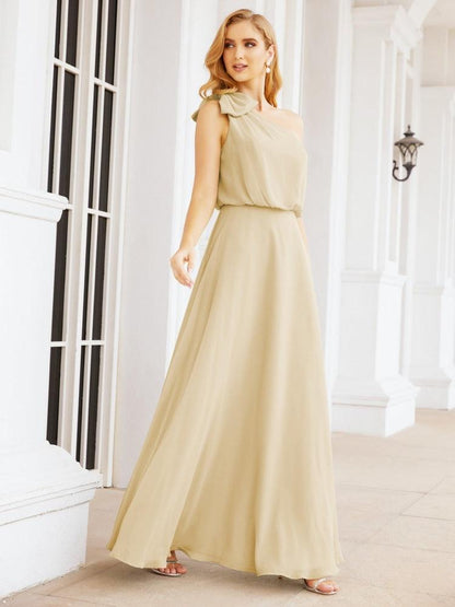 Numbersea Chiffon Ruffled One Shoulder Sleeveless Long Bride Dresses A-line Formal Evening Gown Side Split 28057-numbersea