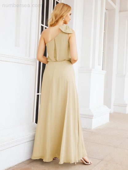 Numbersea Chiffon Ruffled One Shoulder Sleeveless Long Bride Dresses A-line Formal Evening Gown Side Split 28057-numbersea