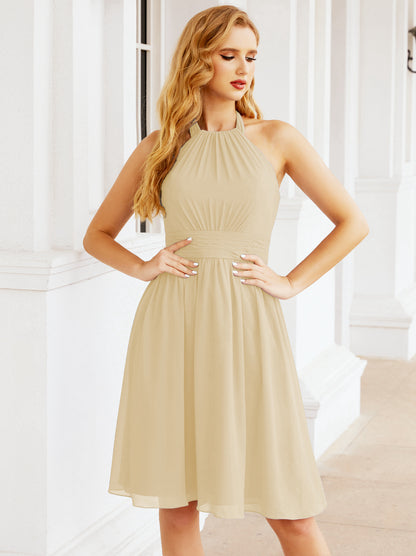 Numbersea Halter Chiffon Bridesmaid Dresses Short Sleeveless Formal Party Dress Open Back 28023