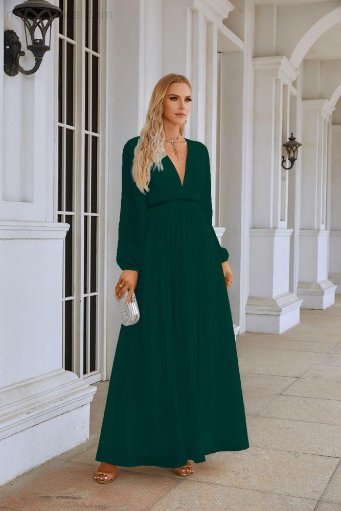 Ladies V Neck Chiffon Long Sleeve Front Slit Bridesmaid Evening Dress Wedding Party Shopping Evening Dress 28109-numbersea