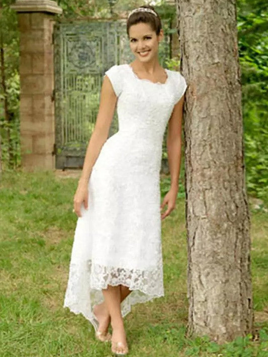 Wedding Dresses Princess Lace Short Sleeves Asymmetrical