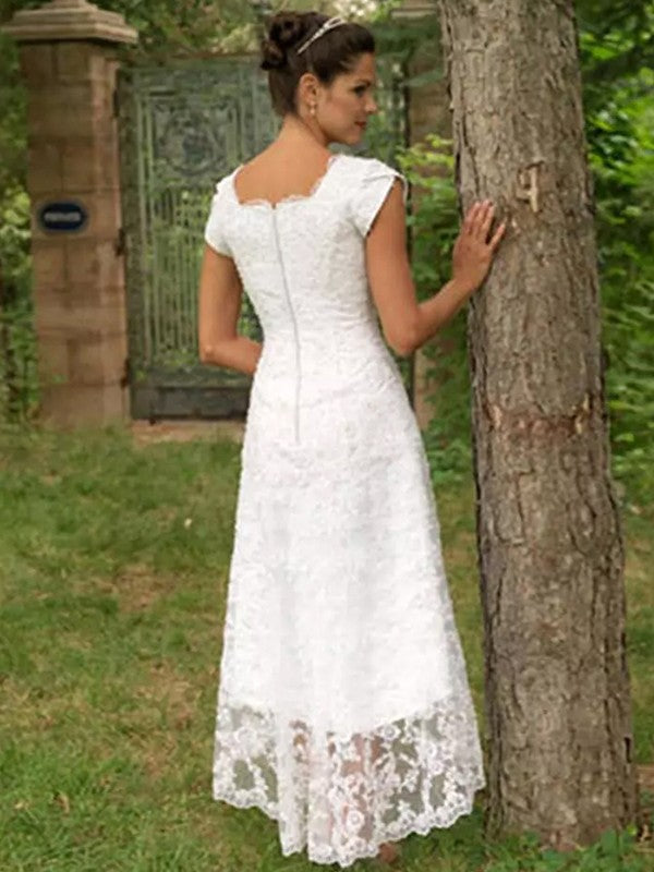 Wedding Dresses Princess Lace Short Sleeves Asymmetrical