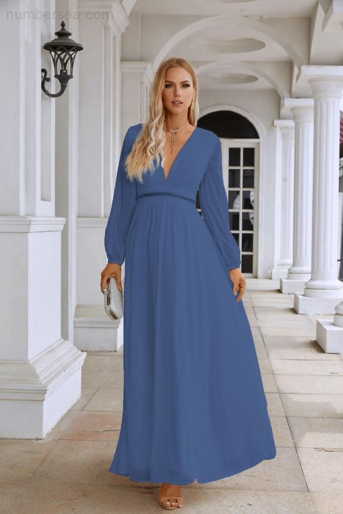 Ladies V Neck Chiffon Long Sleeve Front Slit Bridesmaid Evening Dress Wedding Party Shopping Evening Dress 28109-numbersea