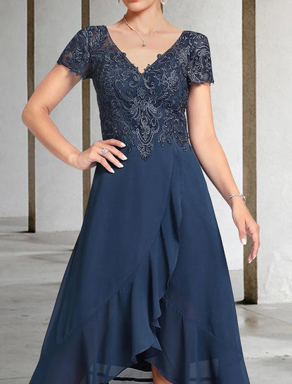 Wedding Guest Dress Elegant High Low V Neck Length Chiffon Lace Short Sleeve with Tier Mother of the Bride Dress