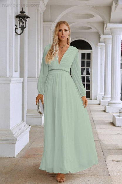 Ladies V Neck Chiffon Long Sleeve Front Slit Bridesmaid Evening Dress Wedding Party Shopping Evening Dress 28109-numbersea