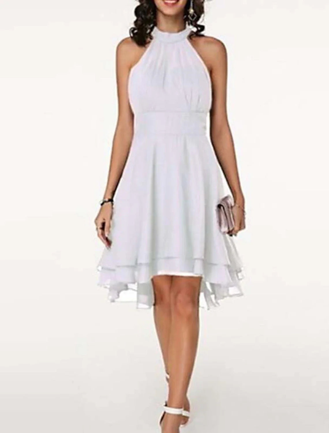 Wedding Guest Engagement Knee Length Sleeveless Neck Chiffon V Back with Sleek Tiered Party Dress