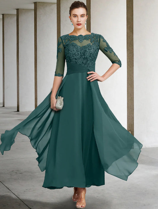 Wedding Guest Elegant Plus Size Jewel Neck Ankle Length Chiffon Lace Half Sleeve with Ruched Beading Appliques Mother of the Bride Dress