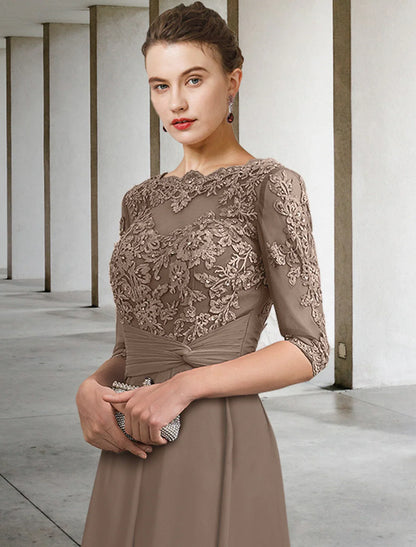 Wedding Guest Elegant Plus Size Jewel Neck Ankle Length Chiffon Lace Half Sleeve with Ruched Beading Appliques Mother of the Bride Dress