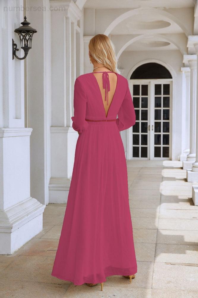 Ladies V Neck Chiffon Long Sleeve Front Slit Bridesmaid Evening Dress Wedding Party Shopping Evening Dress 28109-numbersea