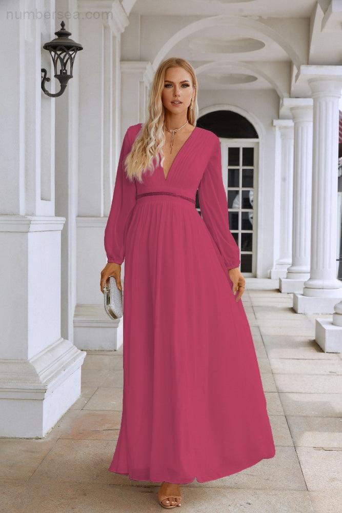 Ladies V Neck Chiffon Long Sleeve Front Slit Bridesmaid Evening Dress Wedding Party Shopping Evening Dress 28109-numbersea