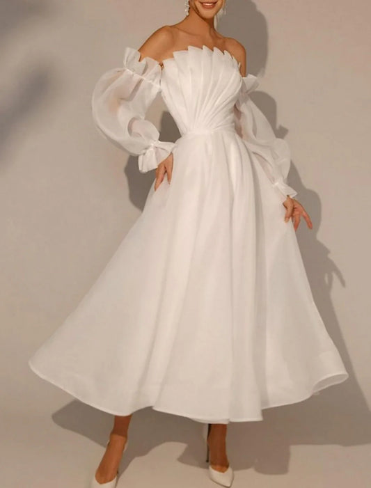 Wedding Dresses A-Line Square Neck Long Sleeve Ankle Length Bridal Gowns With Pleats Solid Color