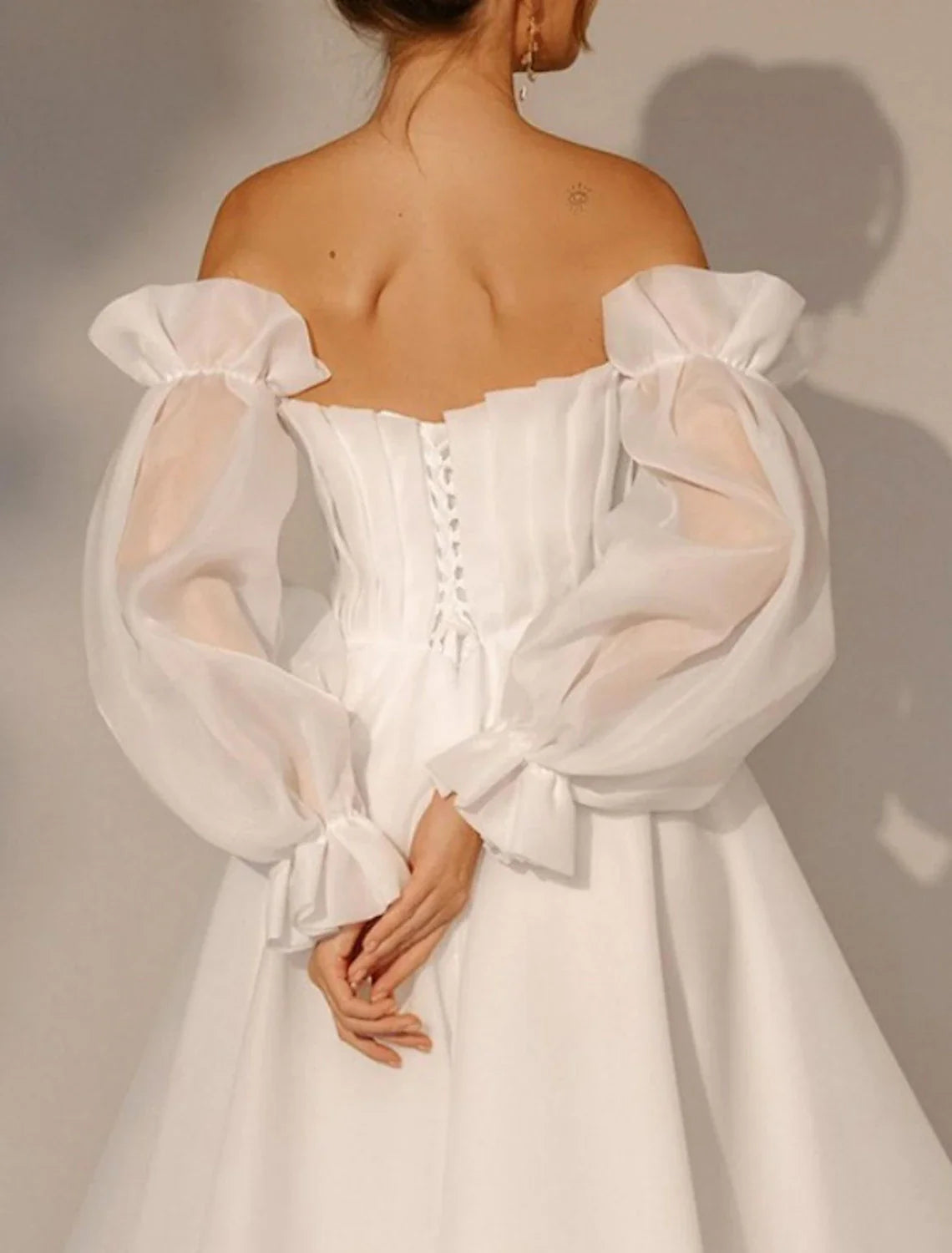 Wedding Dresses A-Line Square Neck Long Sleeve Ankle Length Bridal Gowns With Pleats Solid Color