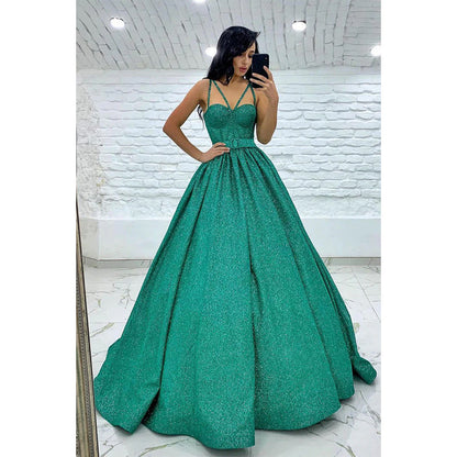 Women's Spaghetti Straps Sparkly Prom Ball Gown with Pockets