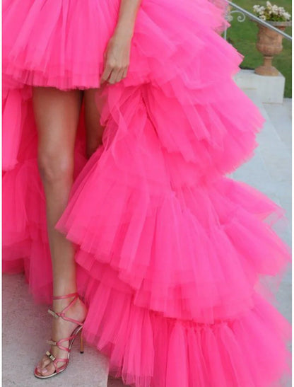 Ball Gown Tiered Dress Wedding Party Birthday Asymmetrical Sleeveless Strapless Tulle Prom Dresses