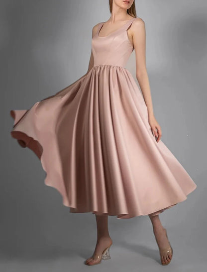 Wedding Dresses A-Line Scoop Neck Sleeveless Tea Length Satin Bridal Gowns With Pleats Solid Color