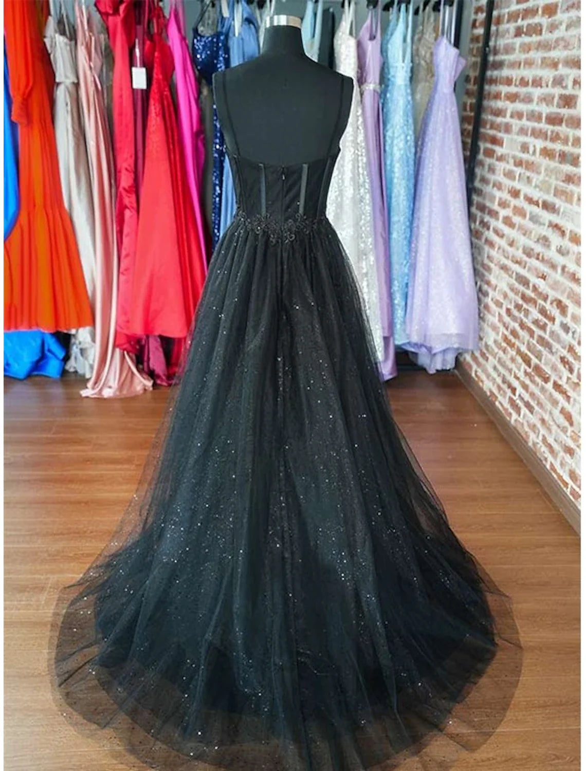 Glitzerkleid Brautkleider Formelles Gothic-Kleid Bodenlang Ärmellos Sweetheart Spaghetti Tüll mit Schlitz Ballkleider