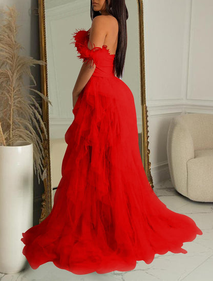 Wedding Party Court Train Sleeveless One Shoulder Tulle with Feather Party Dresses