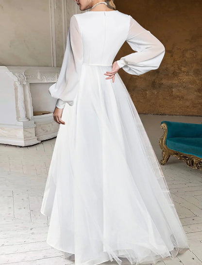 Wedding Dresses Little White Dresses Simple A-Line V Neck Long Sleeve Asymmetrical Chiffon Bridal Gowns Summer Wedding Party