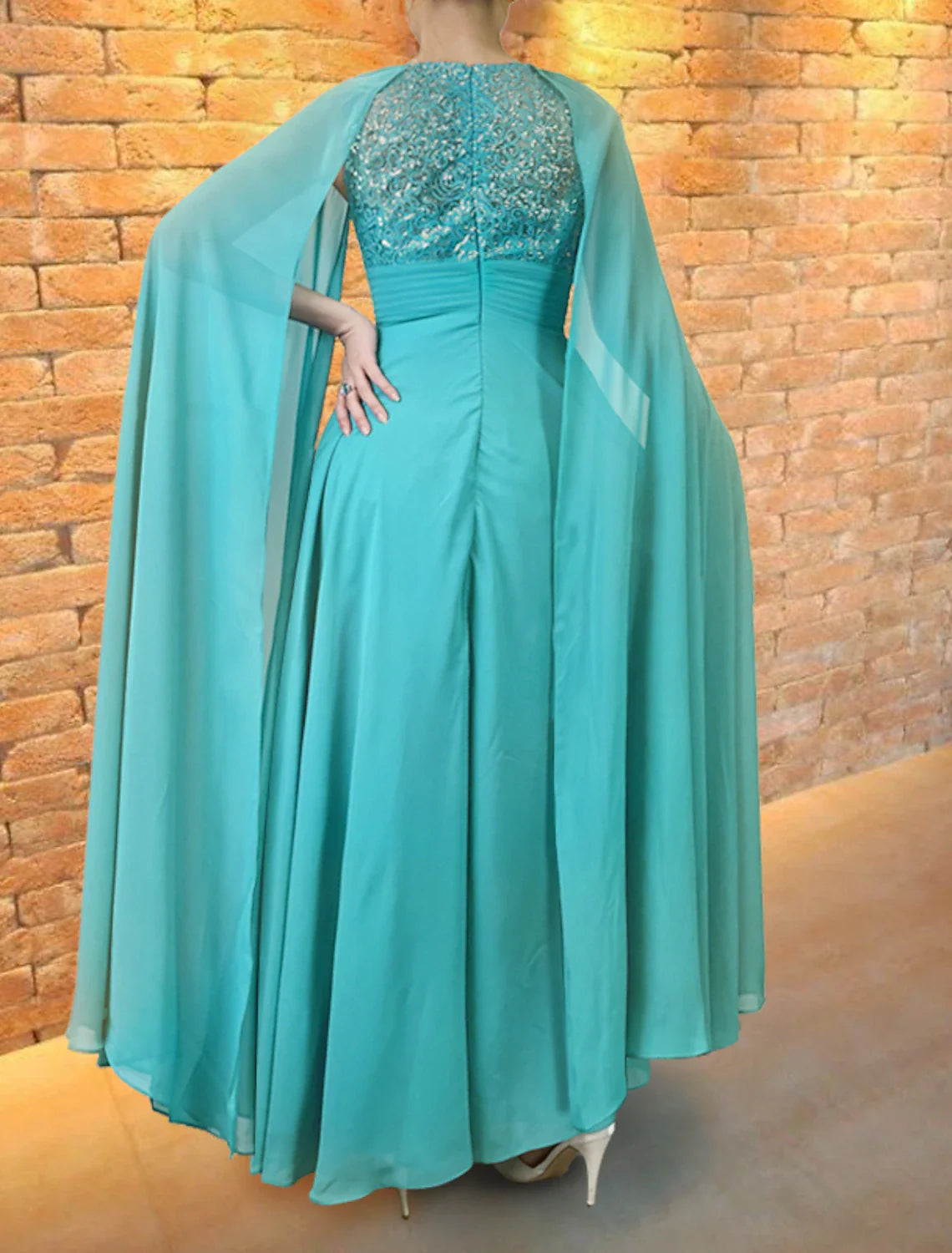 Wedding Guest Wedding Party Floor Length Short Sleeve Jewel Neck Capes Chiffon with Shawl Evening Gown Elegant Dress