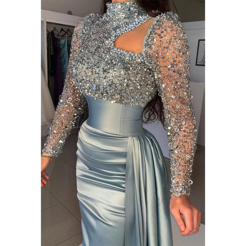 Sheath/column Sequins High Neck Beaded Long Sleeves Prom Evening Gown