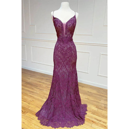 Sheath/column Spaghetti Straps Lace Beaded Long Prom Dress Formal Evening Gowns