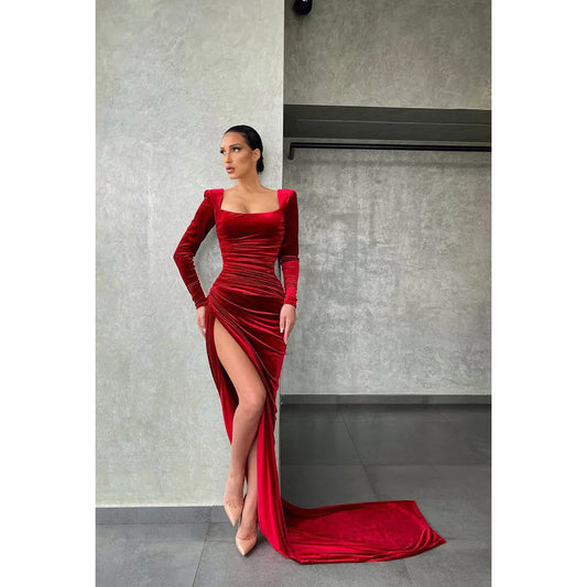 Square Neck Long Sleeves Ruched Velvet Sheath Prom Evening Gown