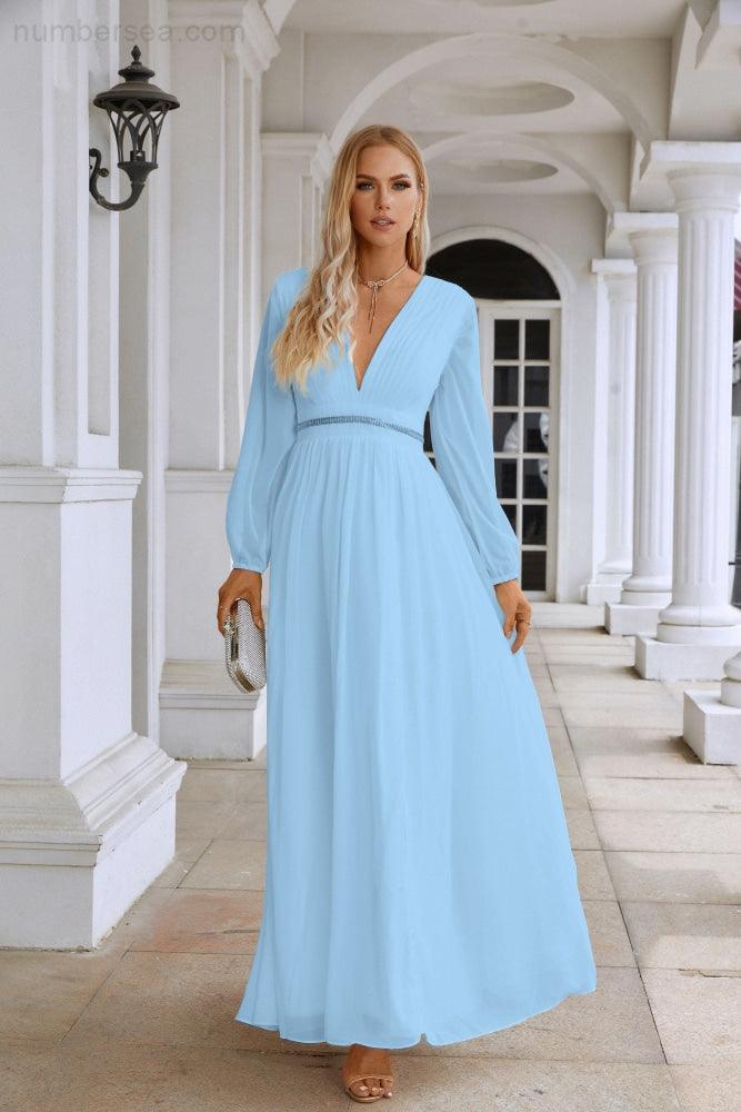 Ladies V Neck Chiffon Long Sleeve Front Slit Bridesmaid Evening Dress Wedding Party Shopping Evening Dress 28109-numbersea