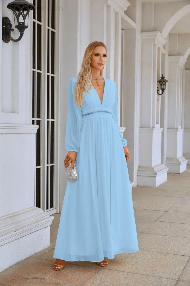 Ladies V Neck Chiffon Long Sleeve Front Slit Bridesmaid Evening Dress Wedding Party Shopping Evening Dress 28109-numbersea