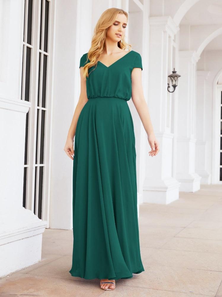 Numbersea V-Neck Bridesmaid Dresses Long Cap Sleeves Prom Evening Formal Gowns 28071-numbersea