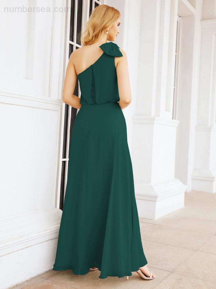 Numbersea Chiffon Ruffled One Shoulder Sleeveless Long Bride Dresses A-line Formal Evening Gown Side Split 28057-numbersea