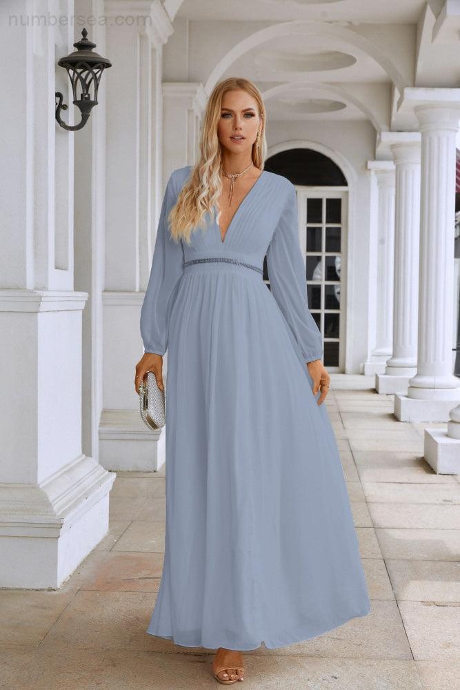 Ladies V Neck Chiffon Long Sleeve Front Slit Bridesmaid Evening Dress Wedding Party Shopping Evening Dress 28109-numbersea