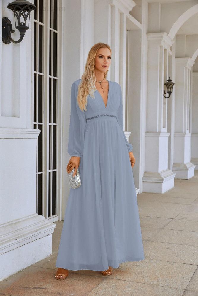 Ladies V Neck Chiffon Long Sleeve Front Slit Bridesmaid Evening Dress Wedding Party Shopping Evening Dress 28109-numbersea