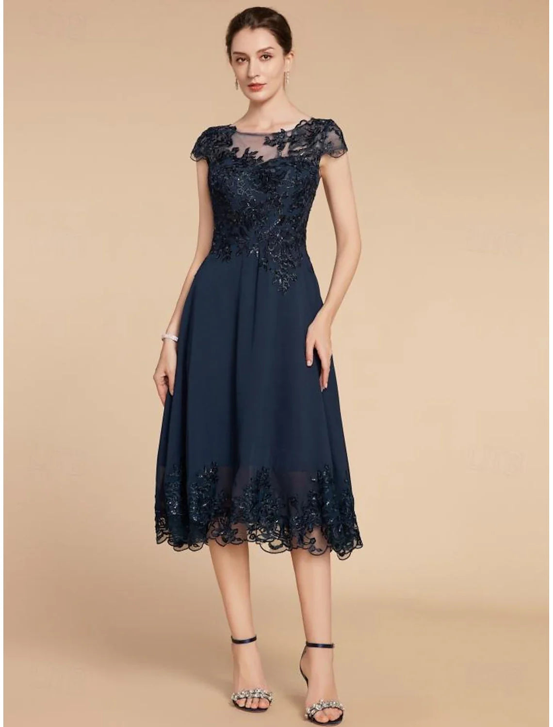 Wedding Guest Elegant Petite Scoop Neck Tea Length Chiffon Lace Cap Sleeve with Sequin Solid Color Mother of the Bride Dress&nbsp;