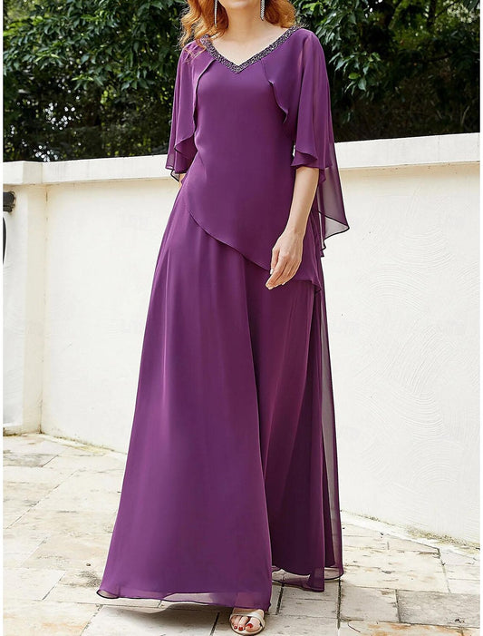 Wedding Guest Elegant V Neck Floor Length Chiffon Half Sleeve with Beading Mother of the Bride Dress