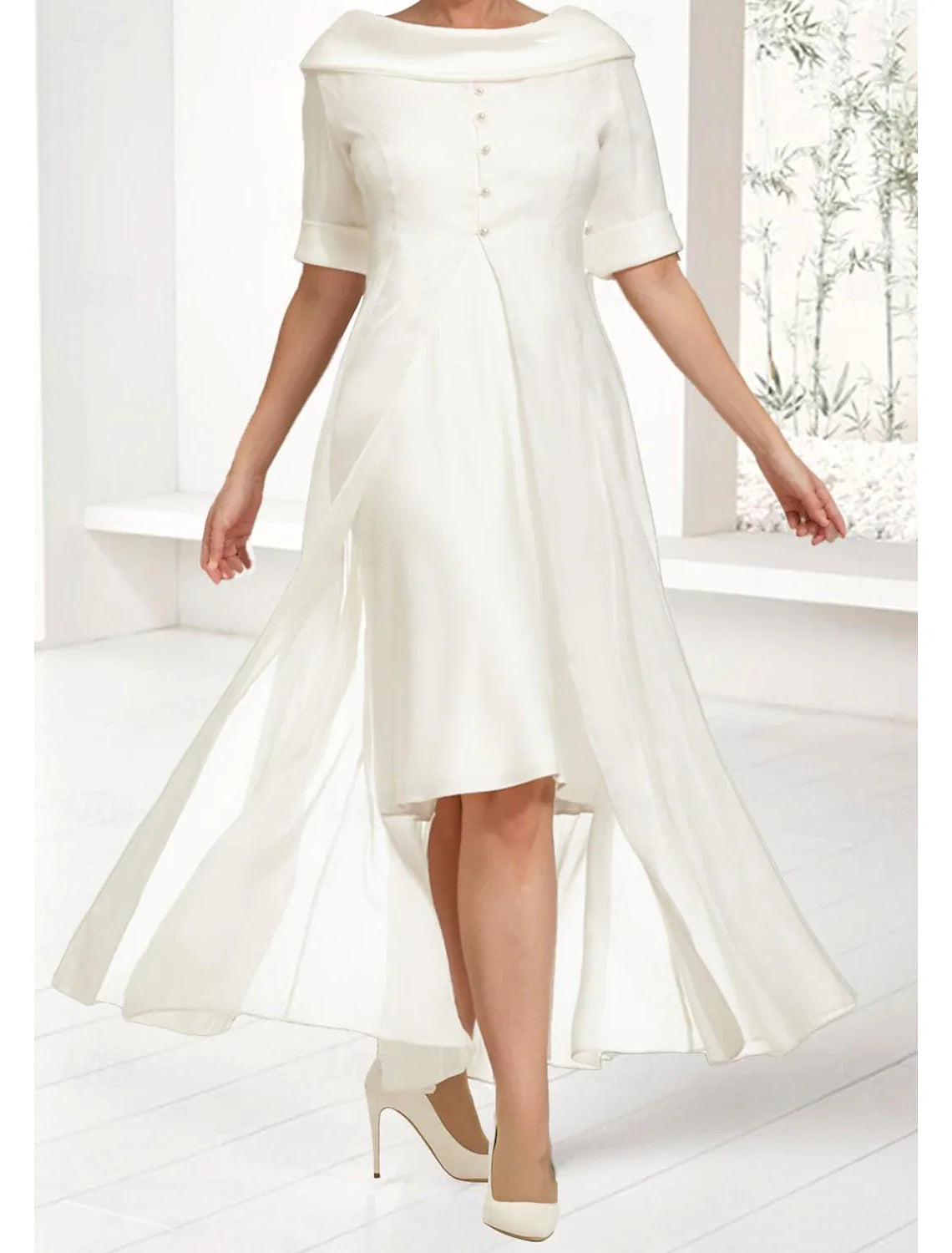 Two Piece Wedding Guest Elegant Off Shoulder Knee Length Chiffon Half Sleeve Wrap Included with Buttons Solid Color Mother of the Bride Dress