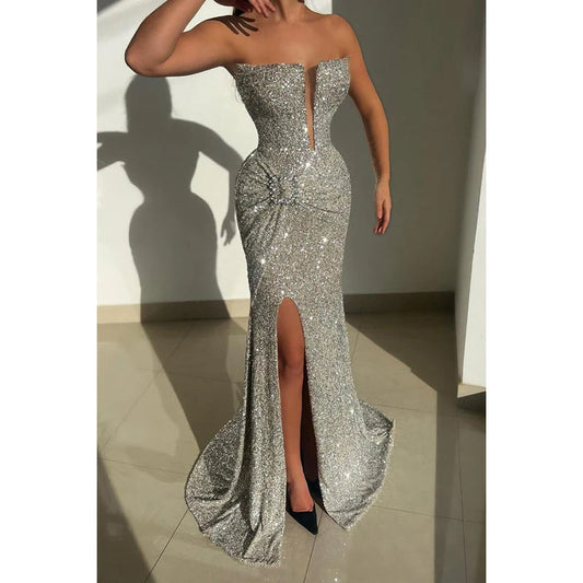 Sparkly Off-Shoulder V-Neck Sleeveless Sequins Trumpet Slit Party Prom Dress