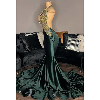 Trumpet/Mermaid V-Neck Satin Appliques Backless Sleeveless Prom Dress