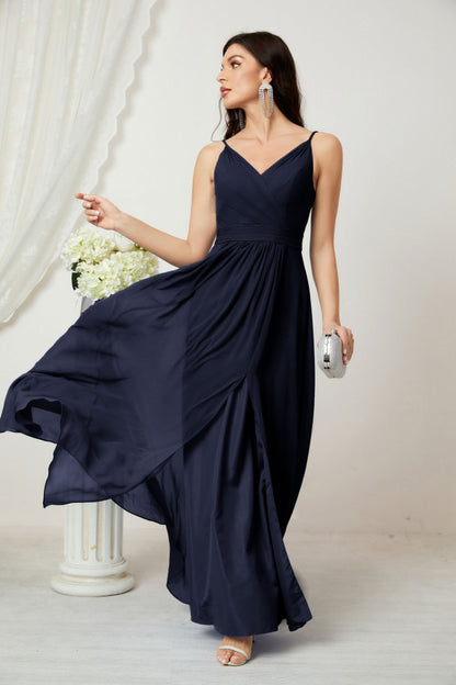 Numbersea Chiffon V-Neck Bridesmaid Dress Spaghetti Strap Long Formal Party Prom Gowns with Slit 28010-numbersea