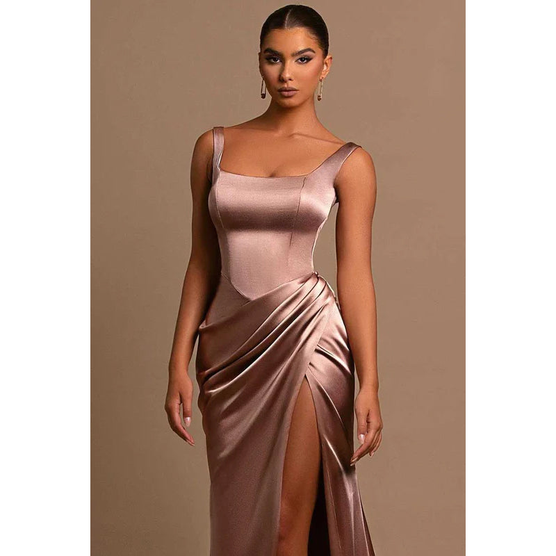 Square Neck Thigh Slit Ruched Sheath Long Prom Evening Dress