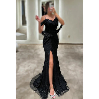 Trompeten-/Meerjungfrauen-Kleid, schickes und modernes Trägerkleid mit Flügelärmeln und Schlitz, formelles Party-/Ballkleid