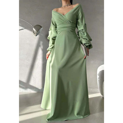 Simple A-line V-neck Off The Shoulder Puff Sleeves Long Prom Dress