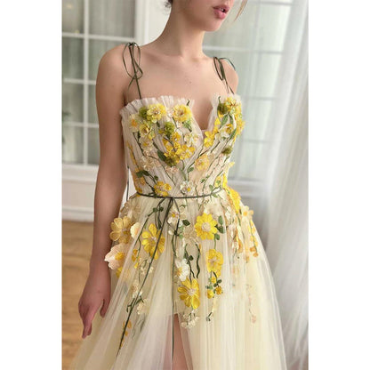 Tulle A-line Spaghetti Straps Floral Appliqued with Side Slit Party Prom Evening Dress