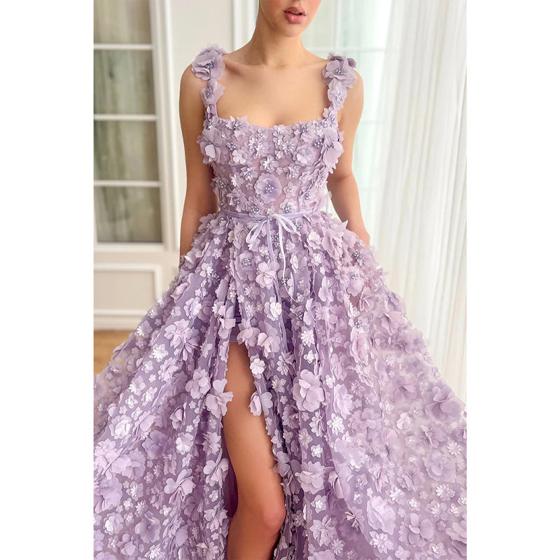 Tulle A-line Square Floral Appliqued with Side Slit Party Prom Evening Dress