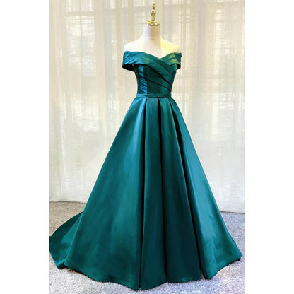 Unique Off-shoulder Green Satin Pleat Long Formal Dress