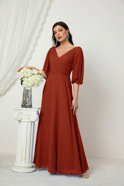 Numbersea Formal Prom Gown Women V-Neck Chiffon Bridesmaid Dresses Long Bishop Sleeve Party Dress 2807-numbersea