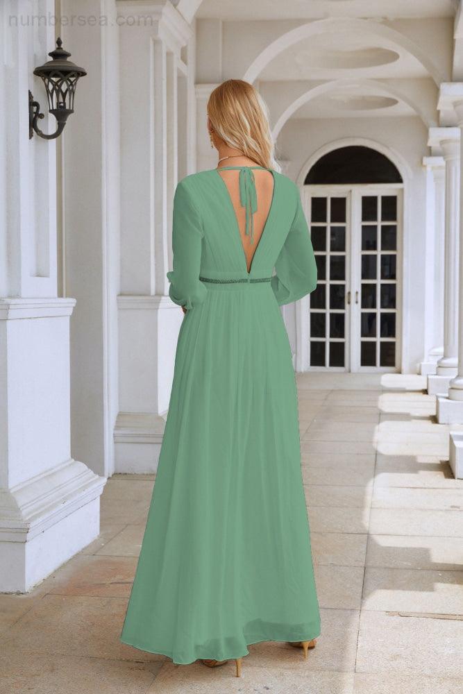 Ladies V Neck Chiffon Long Sleeve Front Slit Bridesmaid Evening Dress Wedding Party Shopping Evening Dress 28109-numbersea