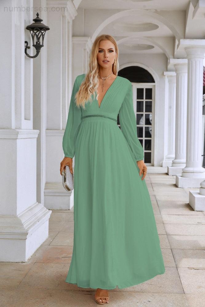 Ladies V Neck Chiffon Long Sleeve Front Slit Bridesmaid Evening Dress Wedding Party Shopping Evening Dress 28109-numbersea