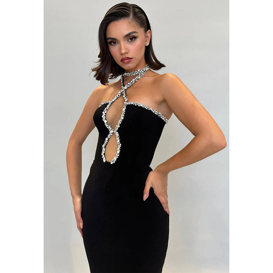 Plunging Unique Halter Beaded Black Long Prom Dress Evening Gowns