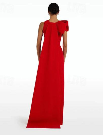 Wedding Guest Dress Sleeveless Elegant Dress Bow Tie Dress Formal Floor Length Jewel Neck Stretch Fabric Evening Dresses